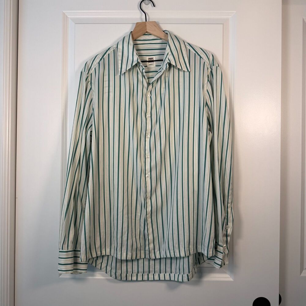 Manichetti Made in Italy Men's Striped Button Up Shirt Green White Size 50